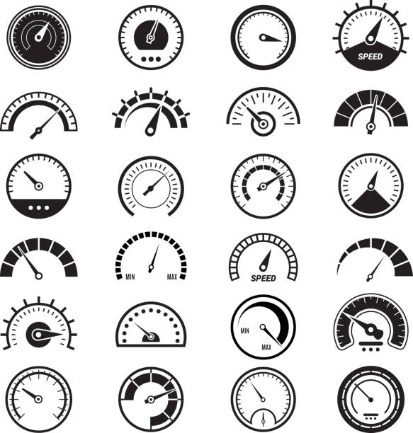 ilustraciones, imágenes clip art, dibujos animados e iconos de stock de infografía de medida. velocímetro muestra combustible límite velocidad indicador vector negro firma - dial