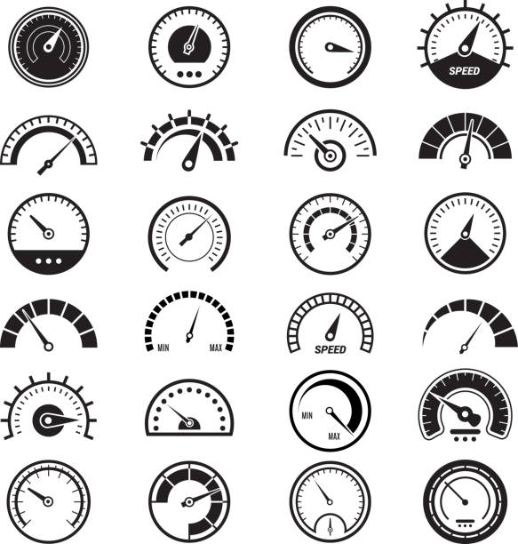 ilustrações de stock, clip art, desenhos animados e ícones de level measure infographic. speedometer sign fuel limit speed indicator vector black signs - tuner