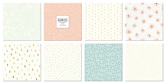 Creative seamless patterns and prints set.  For fashion kid's wear, T-shirts, posters, cards, scrapbooking, birthday and party invitations. Vector illustration.