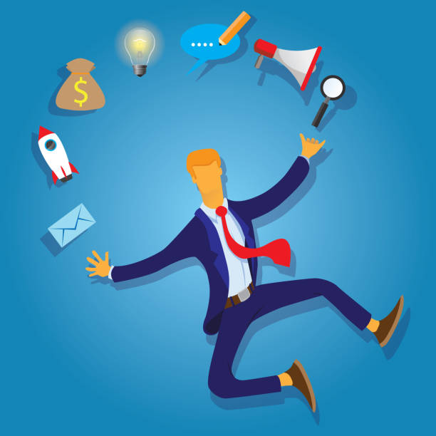 illustrazioni stock, clip art, cartoni animati e icone di tendenza di uomo d'affari che destreggia icone e competenze aziendali - juggling efficiency skill businessman