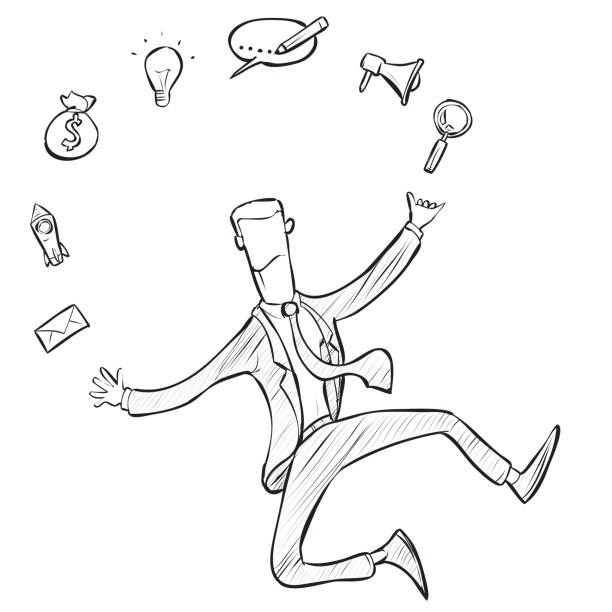 illustrazioni stock, clip art, cartoni animati e icone di tendenza di uomo d'affari che destreggia icone e competenze aziendali, illustrazione doodle - juggling efficiency skill businessman