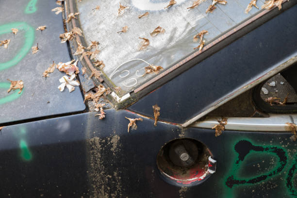 istock Old destroyed car is on the street, blue oldtimer opel manta 1126086484