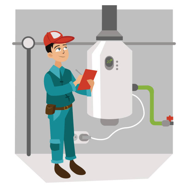 Inspector with checklist examines heating system poster Inspector with checklist examines heating system poster. Cartoon man in uniform carefully inspections water heater in house vector illustration. Business card concept plumber tablet stock illustrations