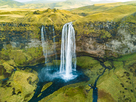 Drone point of view on Seljalandsfoss waterfall (65 meters tall), one of the most beautiful waterfalls on Iceland. Located on the south part of Iceland. Photo taken with DJI Mavic Pro.