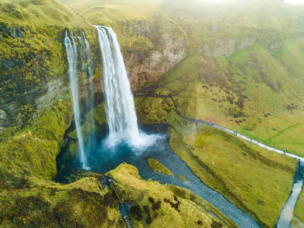Drone point of view on Seljalandsfoss waterfall (65 meters tall), one of the most beautiful waterfalls on Iceland. Located on the south part of Iceland. Photo taken with DJI Mavic Pro.