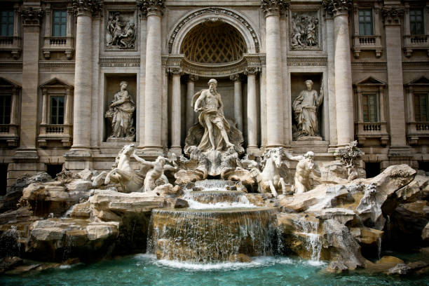 the majestic facade of the trevi fountain in the historic and baroque heart of rome - rome ancient rome skyline ancient imagens e fotografias de stock