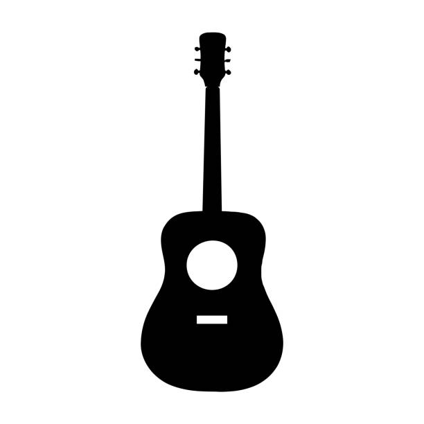 Acoustic guitar black silhouette icon on white, vector eps 10 Retro classic acoustic guitar black silhouette isolated on white background. Vintage style strings musical instrument for playing music. Simple musician icon logo design, vector eps 10 guitar silhouettes stock illustrations