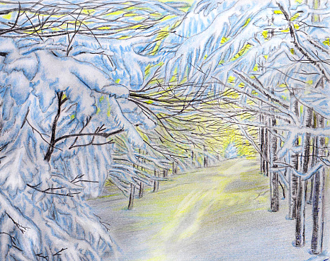 Winter landscape, made with colored pencils. January 2018.