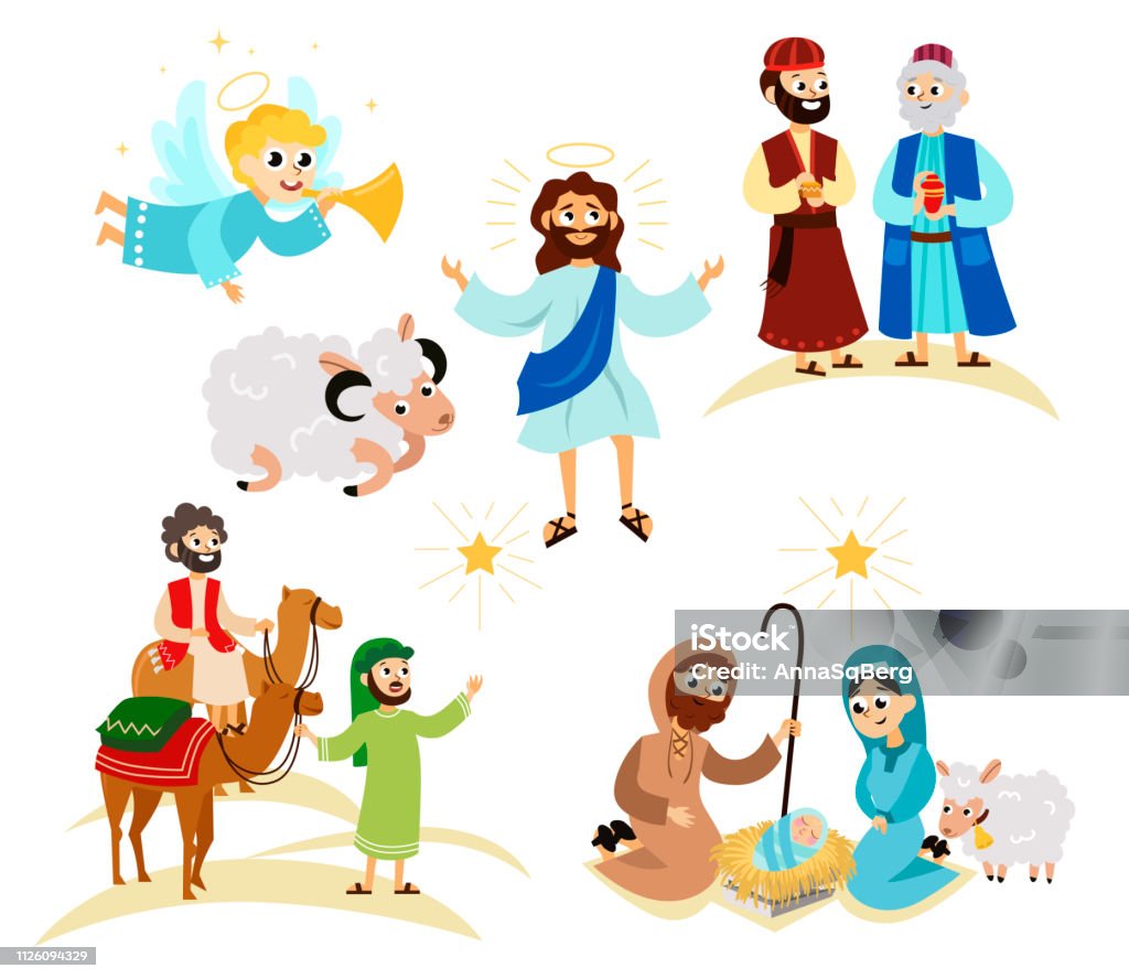 Merry Christmas holiday set of flying angel and Jesus Christ story - Royalty-free Presépio arte vetorial