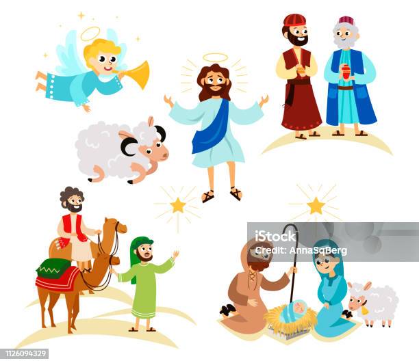 Merry Christmas Holiday Set Of Flying Angel And Jesus Christ Story - Arte vetorial de stock e mais imagens de Presépio