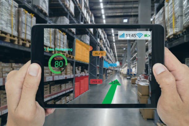 istock smart retail concept, A customer can check what data of real time insights into shelf status which report on a tablet from artificial intelligence(ai) smart glasses while scanning goods, price 1126094461