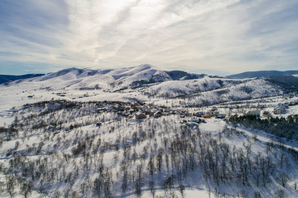 Aerial view of mountain at winter time. Beautiful landscape of Zlatibor under snow