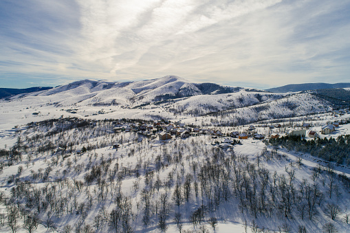 Aerial view of mountain at winter time. Beautiful landscape of Zlatibor under snow