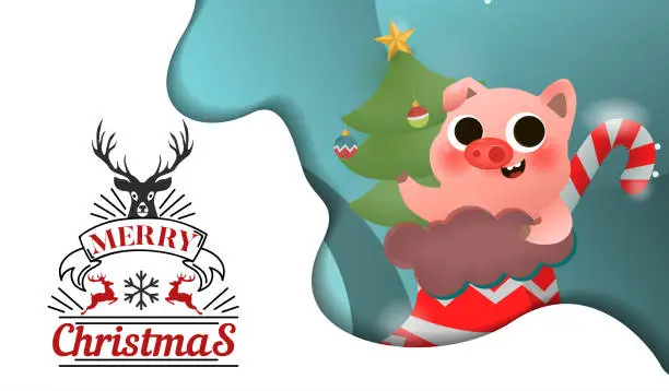 Vector illustration of Merry Christmas and Happy New Year of pig with lettering text logo