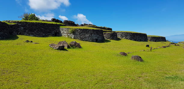 The ceremonial village of Orongo located on the slopes of the Rano Kau volcano, Easter Island, Chile stock photo