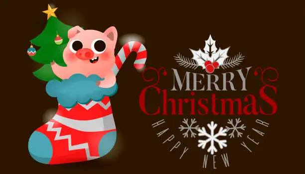 Vector illustration of Merry Christmas and Happy New Year of pig with lettering text logo