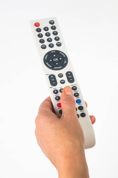 istock hand holding a remote control on white background, close-up 1126102195