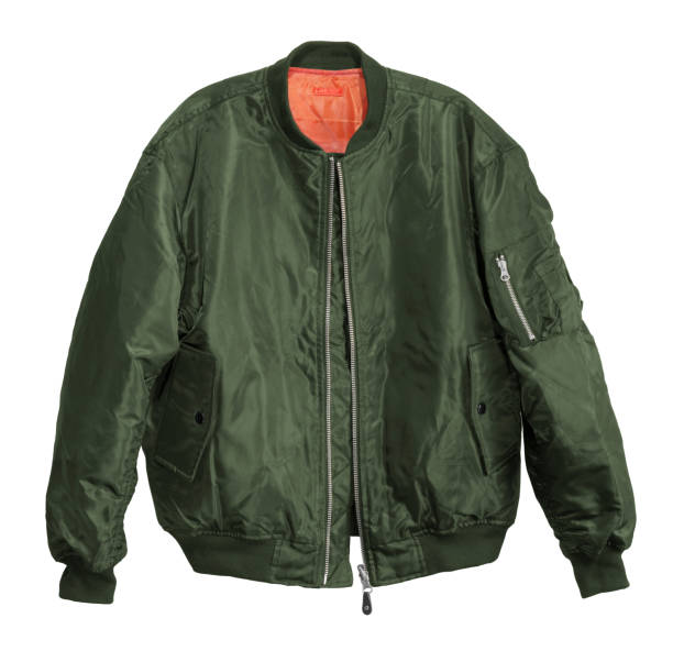 Blank Pilot bomber jacket green color front view Blank Pilot bomber jacket green color front view on white background jacket stock pictures, royalty-free photos & images