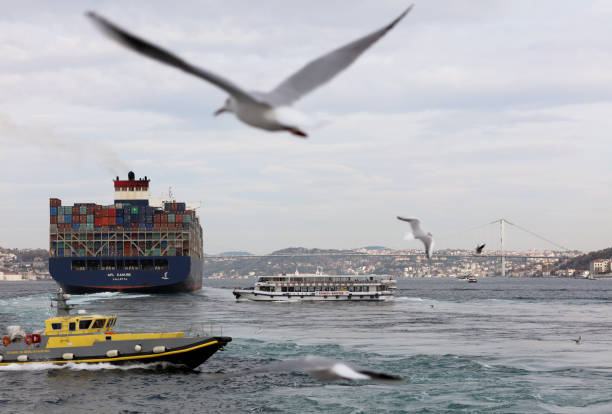 Istanbul, Turkey - January 29, 2019: Cargo tank passing the Bosphorus bridge in Istanbul, Turkey