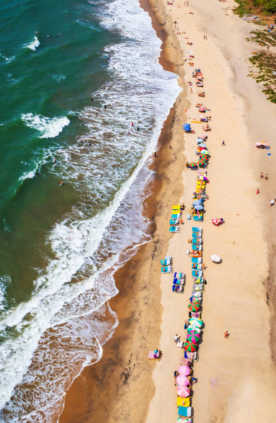 vista superior da praia, na praia de vagator goa na índia. pessoas tomando banho de sol na praia em barracos - goa - fotografias e filmes do acervo