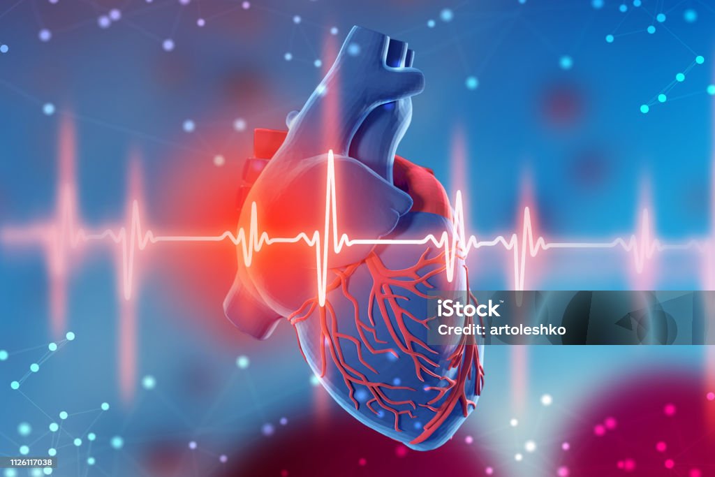 3d illustration of human heart and cardiogram on futuristic blue background. Digital technologies in medicine 3d illustration of human heart and cardiogram on abstract futuristic blue background. Concept of digital technologies in medicine Heart Attack Stock Photo