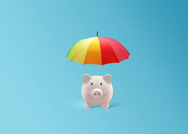 banco de cerâmico porquinho rosa com guarda-chuva colorido arco-íris, seguro seguro - security umbrella rain currency - fotografias e filmes do acervo