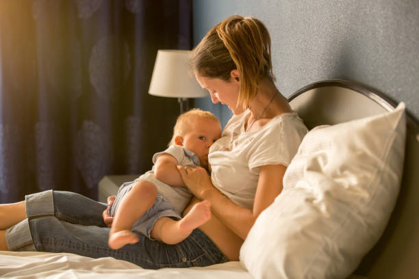 young mother, breastfeeding on sunset on quiet evening her little baby boy - mother baby new kissing imagens e fotografias de stock