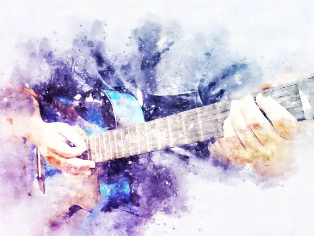 Photo of Abstract beautiful playing acoustic Guitar in the foreground on Watercolor painting background and Digital illustration brush to art.