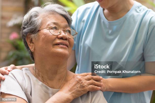Caregiver Carer Hand Holding Elder Hand Woman In Hospice Care Philanthropy Kindness To Disabled Conceptpublic Service Recognition Week Stock Photo - Download Image Now