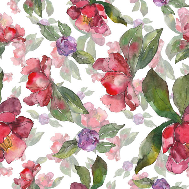 istock Red and purple camelia. Floral botanical flower. Watercolor background illustration set. Seamless background pattern. 1126119694