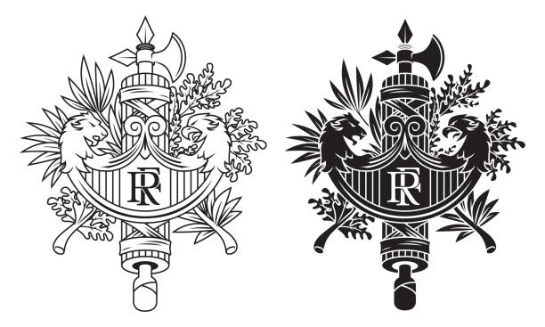 coat of arms of France vector illustration Symbol of France. National emblem. French Coat of arms, black and white vector illustration republic logo pic stock illustrations