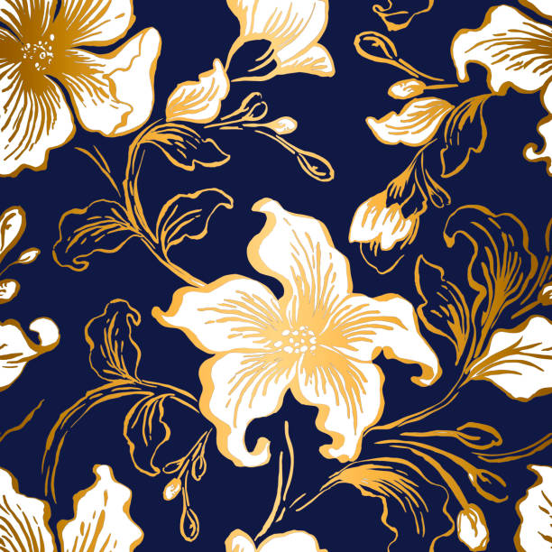 pola bunga mulus dengan bunga lili. abstrak bernasi bunga tekstur vintage. biru diwarnai dengan latar belakang kelopak gradien emas. tekstil hias dekoratif, wallpaper, isian vektor kertas pembungkus. - batik ilustrasi stok