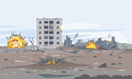 Destroyed city concept landscape background illustration, building between the ruins and concrete with bomb explosions, war destruction panorama