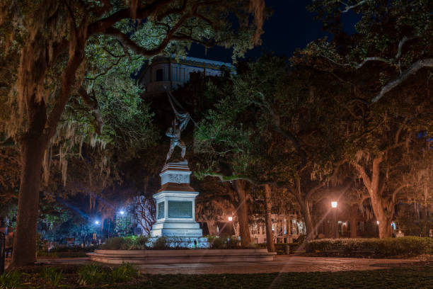 The Confederate Soldiers Monument, located on the grounds of the Texas State Capitol in Austin, Texas, features a central statue of Jefferson Davis, the President of the Confederate States, along with figures representing different branches of the Confederate military. Designed by sculptor Pompeo Coppini and erected in 1903, this historic monument stands as a reminder of the complex history of the American Civil War. Captured in bright daylight with a clear blue sky, the statue is framed by lush greenery, adding depth and contrast to the scene.