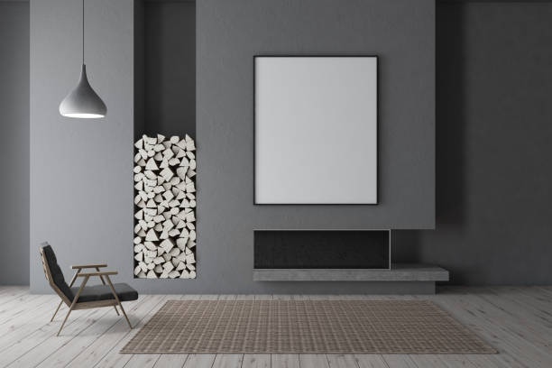istock Gray fireplace with black armchair, poster 1126135131