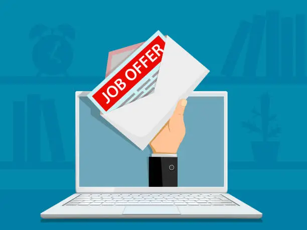Vector illustration of Envelope with job offer on the laptop screen.