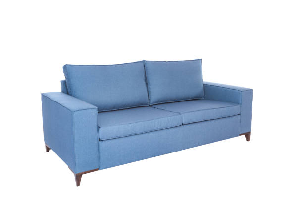 istock Three seats cozy blue fabric sofa isolated on white background 1126137312