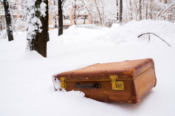 старый кожаный коричневый чемодан в снегу - journey grace clothing snow стоковые фото и изображения
