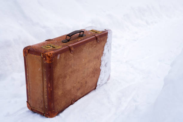 stara skórzana brązowa walizka na śniegu - trunk luggage old fashioned retro revival zdjęcia i obrazy z banku zdjęć
