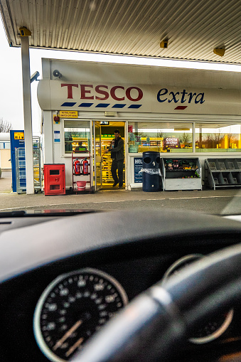 View of the Tesco Petrol station from inside the car