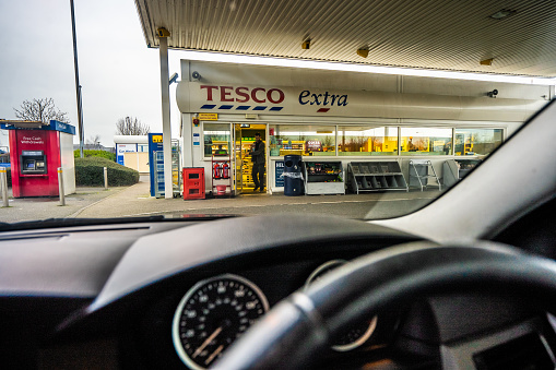 View of the Tesco Petrol station from inside the car