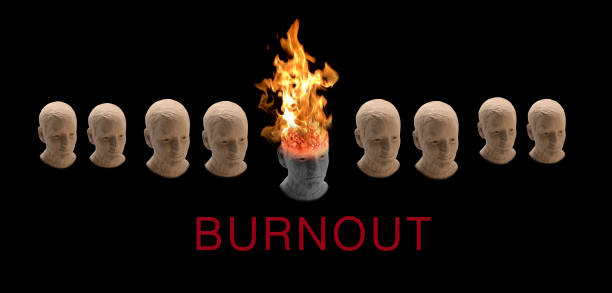 burnout and depression the folk disease. mental disease,  symbol, symbolized with a burning head. Comparison of healthy people to sick stressed people. Flames come out of your head.