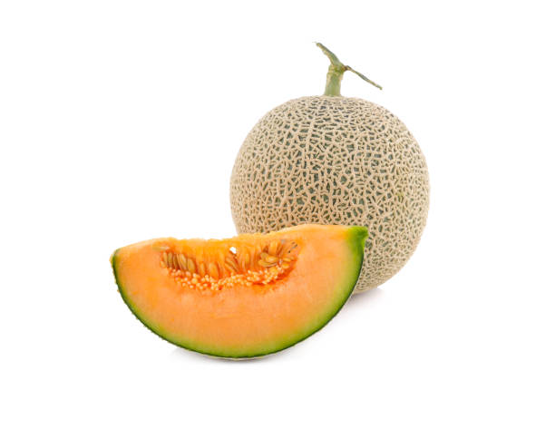 istock whole and cut piece ripe Japanese orange melon with stem on white background 1126145207