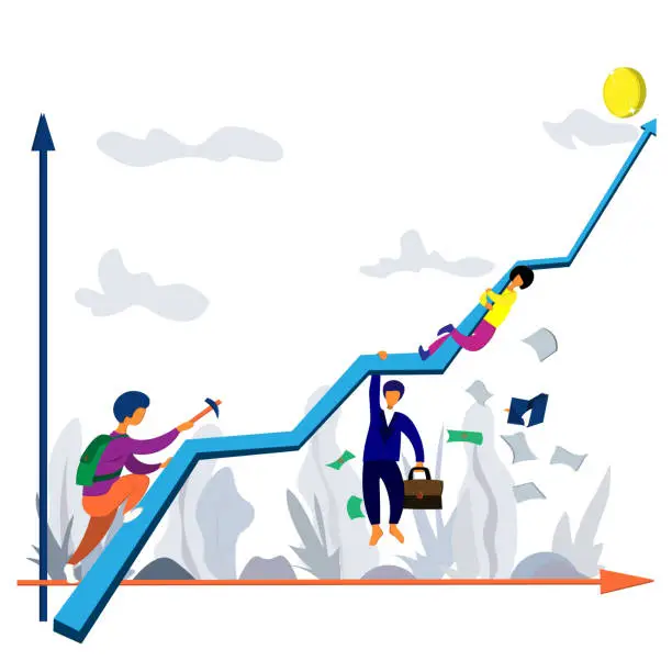 Vector illustration of Lifting people along the success curve, ups and downs. Success chart and people. Illustration on a business theme.
