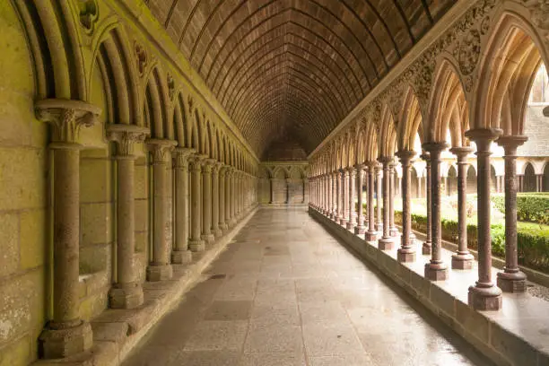 Cloister garden of famous Mont Saint-Michel abbey, Normandy coast, France