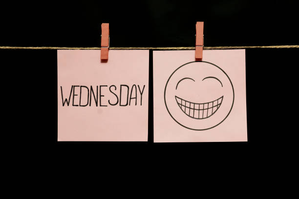 istock Copy space. Two white stickers. Wednesday. On right page is an expression of festive mood. 1126148084