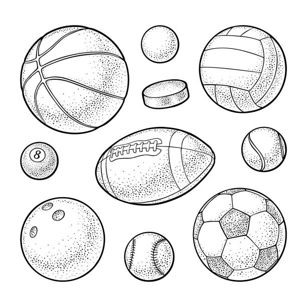 stellen sie sport kugeln icons. gravieren schwarz illustration. isoliert auf weiss - sport ball sphere competition stock-grafiken, -clipart, -cartoons und -symbole