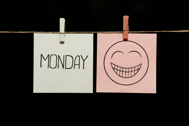 istock Copy space. Two stickers. Left on a white sheet inscription monday. On right page is an expression of festive mood. 1126151434
