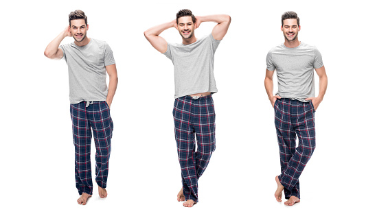 collage de apuesto joven relajante en pijama de pie y sonriente aisladas en blanco photo