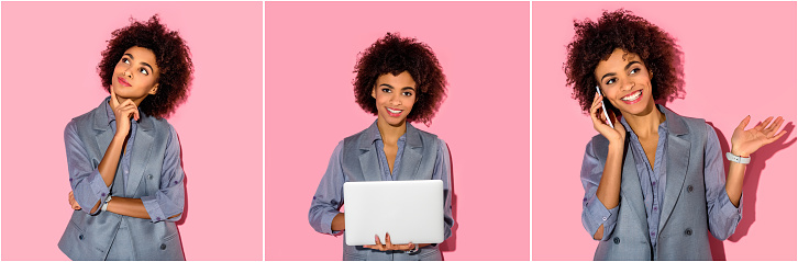 collage of young african american businesswoman thinking, using laptop and talking on smartphone on pink background